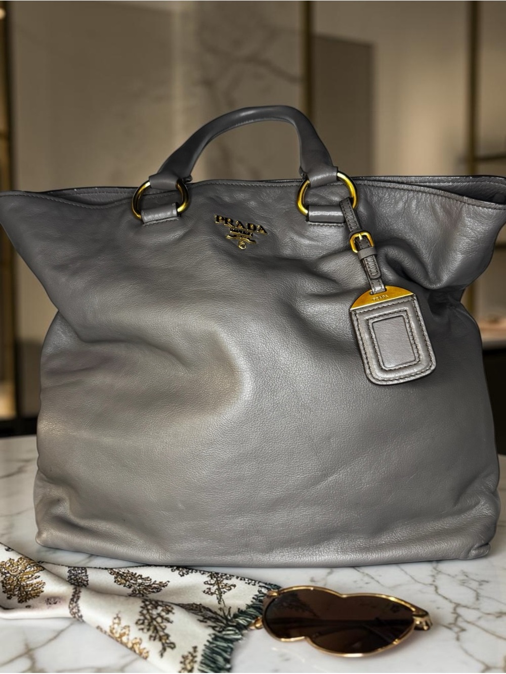 Prada Vittelo Gray Leather Tote with Gold-Tone Hardware